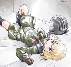Rule 34 | 1girl, black footwear, black gloves, black headwear, blonde hair, blue eyes, boots, closed mouth, commentary, girls und panzer, gloves, green jumpsuit, unworn headwear, helmet, unworn helmet, insignia, jumpsuit, katyusha (girls und panzer), long sleeves, looking at viewer, looking back, lying, military, military uniform, on back, on bed, one-hour drawing challenge, pravda military uniform, short hair, short jumpsuit, smile, solo, tank helmet, twitter username, uniform, vri (tinder box)