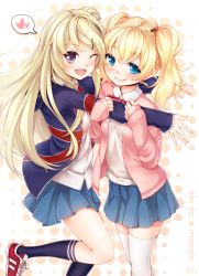Rule 34 | 10s, 2girls, ;d, alice cartelet, blonde hair, blue eyes, blue socks, cardigan, copyright name, dabadhi, hair ornament, hairclip, heart, highres, kin-iro mosaic, kneehighs, kujou karen, long hair, multiple girls, one eye closed, open mouth, outstretched arms, pleated skirt, purple eyes, school uniform, shirt, shoes, short hair, skirt, sleeves past wrists, smile, sneakers, socks, speech bubble, spoken heart, thighhighs, twintails, union jack, white legwear, wing collar, x hair ornament