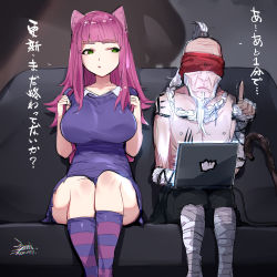 Rule 34 | 1girl, :o, age difference, aged up, animal ears, annie (league of legends), bandaged arm, bandaged leg, bandages, braid, breasts, cat ears, collarbone, commentary request, computer, couch, ejami, fake animal ears, green eyes, kneehighs, laptop, large breasts, league of legends, lee sin, long braid, long hair, old, old man, on couch, pink hair, pink socks, purple socks, red blindfold, sitting, sketch, socks, translation request