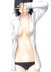 Rule 34 | 1girl, black hair, black panties, breasts, cleavage, commentary request, covered eyes, gluteal fold, hand up, highres, large breasts, long sleeves, navel, niwatazumi, no bra, open clothes, open mouth, open shirt, original, panties, shirt, short hair, sketch, smile, solo, underwear, white background
