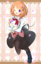 Rule 34 | 1girl, ;d, angora rabbit, animal, bad id, bad pixiv id, black footwear, black pantyhose, black skirt, blush, boots, bow, bowtie, collared shirt, commentary request, crossed arms, gochuumon wa usagi desu ka?, hair ornament, hairclip, highres, holding, hoto cocoa, hukahire0120, long sleeves, looking at viewer, multicolored background, one eye closed, open mouth, orange hair, pantyhose, petals, pink bow, pink vest, purple eyes, rabbit, rabbit house uniform, red neckwear, shirt, short hair, skirt, smile, standing, standing on one leg, tippy (gochiusa), vest, white shirt, wing collar