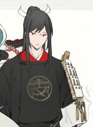 Rule 34 | 10s, 2boys, armor, black hair, head out of frame, iwatooshi, japanese armor, japanese clothes, long hair, lowres, male focus, multiple boys, ponytail, shoulder armor, simple background, sode, solo focus, suda ayaka, tarou tachi, touken ranbu