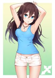 Rule 34 | 1girl, :o, armpits, arms up, black hair, blouse, blue eyes, blue shirt, blush, breasts, cleavage, cowboy shot, cross, cross necklace, gradient background, hair between eyes, jewelry, long hair, looking at viewer, midriff peek, necklace, no bra, original, outside border, ray-akila, ray littlechamber, shirt, short shorts, shorts, small breasts, solo, standing, stomach, tank top, thighs