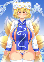 Rule 34 | 1girl, animal ears, blonde hair, blush, breasts, brown eyes, cleft of venus, fox ears, fox tail, hat, highleg, highres, large areolae, large breasts, light smile, looking at viewer, shitto mask (shittoden), short hair, smile, solo, tail, thighhighs, thighs, touhou, white thighhighs, yakumo ran