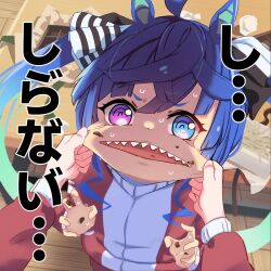Rule 34 | 1girl, 1other, @ @, ahoge, animal ears, blue eyes, blue hair, cheek pull, chocolate, crossed bangs, food, from above, heterochromia, highres, holding, holding food, horse ears, jacket, long hair, long sleeves, looking at viewer, open mouth, pink eyes, red jacket, sharp teeth, shijima (shizima 03), standing, sweat, nervous sweating, table, teeth, tracen training uniform, track jacket, translation request, twin turbo (umamusume), twintails, umamusume, upper teeth only