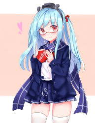 Rule 34 | 1girl, absurdres, anchor symbol, bad id, bad pixiv id, blue hair, blue skirt, blush, cang se ye hua, closed mouth, fubuki (warship girls r), glasses, hair ribbon, heart, highres, looking at viewer, red ribbon, ribbon, semi-rimless eyewear, skirt, smile, solo, thighhighs, twintails, valentine, warship girls r, white thighhighs