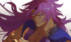 Rule 34 | 1boy, armlet, bhima (fate), biceps, blue vest, collar, collarbone, dark-skinned male, dark skin, embroidery, fate/grand order, fate (series), gold, highres, koroponsu3, large pectorals, long hair, looking at viewer, male focus, muscular, muscular male, pectorals, portrait, purple eyes, purple hair, purple vest, smile, upper body, vest, white background