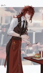 Rule 34 | 1boy, alt text, alternate costume, apron, black pants, black vest, burger, cup, diluc (genshin impact), diluc (kfc) (genshin impact), disposable cup, drinking straw, food, genshin impact, greentea7954, hair between eyes, highres, holding, indoors, long hair, looking at viewer, low ponytail, male focus, pants, red apron, red eyes, red hair, shirt, smile, solo, standing, vest, waist apron, white shirt