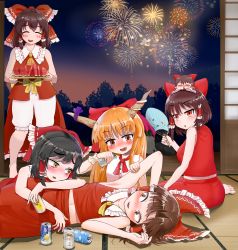 Rule 34 | 6+girls, ^ ^, alcohol, armpits, arms up, beer can, benikurage (cookie), black hair, blush, bow, brown eyes, brown hair, can, closed eyes, cookie (touhou), drink can, drunk, facing another, fang, fireworks, food, fruit, hair bow, hair tubes, hakurei reimu, hand fan, highres, holding, holding fan, holding tray, ibuki suika, kanna (cookie), long hair, lying, multiple girls, on back, open mouth, orange hair, pai kebon baa, parted lips, red bow, red eyes, reu (cookie), sananana (cookie), short hair, smile, touhou, tray, triangle mouth, watermelon, yellow eyes