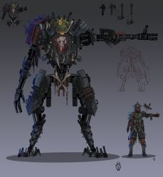 Rule 34 | 1other, absurdres, ambiguous gender, apex legends, arrow (symbol), bloodhound (apex legends), gloves, grey background, helmet, highres, joints, mecha, mecha focus, open hand, red gloves, robot, robot joints, science fiction, size comparison, titan (titanfall), titanfall (series), wolfdawg art