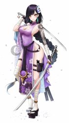Rule 34 | 1girl, bandages, black hair, braid, breasts, cleavage, dress, dual wielding, expulse, fingerless gloves, geta, gloves, highres, holding, katana, long hair, looking at viewer, nail polish, original, pouch, purple dress, smile, solo, sword, tabard, tabi, tattoo, thigh strap, weapon, white background, yellow eyes