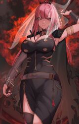 Rule 34 | 1girl, absurdres, armpits, belt, black cape, black dress, black nails, breasts, cape, detached sleeves, dress, highres, holding, holding scythe, hololive, hololive english, large breasts, long hair, looking at viewer, mori calliope, mori calliope (1st costume), o22no, pink eyes, pink hair, red background, scythe, side slit, sidelocks, single detached sleeve, single thighhigh, smile, solo, spiked hood, thighhighs, thighs, tiara, torn cape, torn clothes, veil, virtual youtuber, weapon behind back, wide hips
