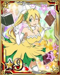 Rule 34 | 10s, 1girl, argyle, argyle background, argyle clothes, blonde hair, book, bow, breasts, card (medium), cleavage, dress, elbow gloves, gloves, green eyes, hair bow, hair ornament, large breasts, leafa, long hair, looking at viewer, one eye closed, open mouth, pointy ears, ponytail, solo, star (symbol), strapless, strapless dress, sword art online, thighhighs, white gloves, white thighhighs