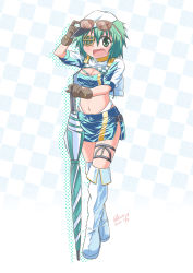 Rule 34 | 1girl, asano kazunari, bandeau, blue bandeau, blue skirt, boots, brown gloves, checkered background, checkered clothes, closed umbrella, commentary request, cosplay, crop top, cropped jacket, eyepatch, full body, gloves, gotland (kancolle), gotland (kancolle) (cosplay), green eyes, green hair, headphones, headset, highleg, highleg panties, highres, jacket, kantai collection, kiso (kancolle), looking at viewer, microphone, miniskirt, panties, planted, planted umbrella, race queen, short hair, skirt, smile, solo, thigh boots, umbrella, underwear, white jacket, white panties