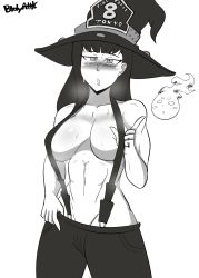 Rule 34 | 1girl, abs, blush, bodyattk, breasts, en&#039;en no shouboutai, fire, hat, heavy breathing, highres, large breasts, long hair, looking at viewer, maki oze, monochrome, muscular, muscular female, pants, solo, suspenders, sweat, topless, white background, witch hat