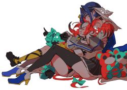 Rule 34 | 2girls, animal ears, blue eyes, blue hair, blush, bow, bow earrings, chain, closed eyes, controller, earrings, hair between eyes, hakos baelz, high heels, holding, holding controller, hololive, hololive english, jewelry, mamaloni, mouse ears, mouse girl, mouse tail, multiple girls, open mouth, ouro kronii, red hair, sharp teeth, short hair, simple background, sitting, tail, teeth, thighhighs, virtual youtuber, white background