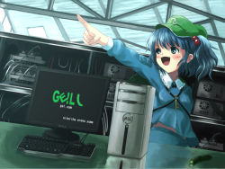 Rule 34 | 1girl, blue eyes, blue hair, blue shirt, blush stickers, breasts, building, cable, collar, collared shirt, computer, cucumber, electric plug, female focus, flat cap, frilled shirt collar, frills, green hat, hair bobbles, hair ornament, hard drive, hat, hyuuga azuri, indoors, kawashiro nitori, key, keyboard, keyboard (computer), long sleeves, open mouth, pocket, pointing, pointing to the side, reflection, romaji text, shirt, short hair, small breasts, smile, solo, touhou, translated, two side up, white collar