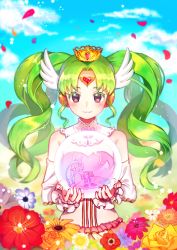 Rule 34 | 10s, 1girl, absurdres, arm warmers, bare shoulders, blue hair, bow, cheese (yongggam), crystal ball, day, dress, falulu, flower, forehead jewel, green hair, head wings, heart, highres, idol time pripara, long hair, looking at viewer, outdoors, parted bangs, pretty series, pripara, smile, solo, tiara, twintails, unicorn, wings
