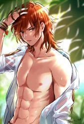 Rule 34 | 1boy, abs, arm at side, backlighting, bad id, bad pixiv id, bare shoulders, blurry, bracelet, day, depth of field, flipped hair, granblue fantasy, hand in own hair, hand on own head, highres, iro 178, jewelry, long sleeves, looking at viewer, male focus, medium hair, navel, nipples, off shoulder, open clothes, open shirt, orange hair, palm leaf, parted lips, pectorals, percival (granblue fantasy), percival (summer) (granblue fantasy), red eyes, red hair, see-through, shirt, sidelocks, sleeves rolled up, solo, upper body, wet, wet clothes, wet hair, wet shirt, white shirt