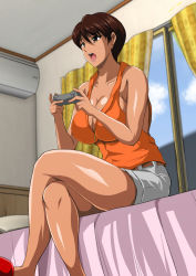Rule 34 | 1girl, air conditioner, bare shoulders, bed, bedroom, belt, blue sky, breasts, brown belt, brown eyes, brown hair, cleavage, collared shirt, commentary request, controller, crossed legs, curtains, game controller, grey shorts, hair between eyes, hozumi kenji, indoors, large breasts, open mouth, orange shirt, original, pillow, shirt, short hair, shorts, sitting, sky, sleeveless, sleeveless shirt, sweatdrop, tan, window