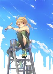 Rule 34 | 1girl, ahoge, black thighhighs, brown eyes, brown hair, cloud, day, fu-ta, holding, ladder, original, overalls, paint can, paintbrush, shoes, sitting, sky, sleeveless, smile, solo, thighhighs, twintails, wristband