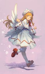 Rule 34 | 1girl, blonde hair, capelet, dress, eho (icbm), feathered wings, hand up, hat, highres, lily white, long sleeves, mary janes, orange eyes, pink background, red footwear, ribbon-trimmed dress, ribbon-trimmed sleeves, ribbon trim, running, shoes, smile, solo, touhou, white dress, white hat, white legwear, white wings, wings