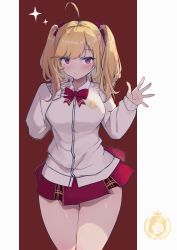 Rule 34 | 1girl, absurdres, ahoge, ambulocetus, blonde hair, blush, border, bow, bowtie, breasts, cardigan, collared shirt, highres, large breasts, long hair, long sleeves, looking at viewer, miniskirt, nijisanji, outside border, pleated skirt, purple eyes, red background, red bow, red skirt, school uniform, shirt, skirt, sleeves past wrists, solo, sparkle, swept bangs, takamiya rion, takamiya rion (6th costume), thighs, twintails, virtual youtuber, waving, white border, white cardigan