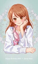Rule 34 | 1girl, absurdres, blush, bow, bowtie, cardigan, character name, collarbone, cropped torso, hand on own cheek, hand on own face, happy birthday, highres, hojo karen, idolmaster, idolmaster cinderella girls, light smile, long sleeves, looking at viewer, loose bowtie, open collar, orange hair, pink bow, pink bowtie, pink shirt, sagra, school uniform, shirt, smile, solo, upper body, white cardigan