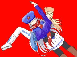 Rule 34 | &gt; &lt;, 2girls, :|, black legwear, blonde hair, blue headwear, blue jacket, blue skirt, boots, braid, brown capelet, brown footwear, capelet, carrying, character request, check character, closed mouth, covered eyes, dutch angle, fur hat, girls&#039; frontline, hammer and sickle, hat, highres, jacket, knee boots, letter pose, long hair, makarov (girls&#039; frontline), multiple girls, pantyhose, ppsh-41 (girls&#039; frontline), princess carry, red background, red scarf, scarf, sidoaldo, single braid, skirt, ushanka, very long hair, white footwear, white hair, white legwear, white skirt