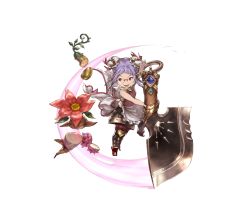 Rule 34 | 10s, 1girl, apron, axe, boots, double bun, elmelaura, flower, food, fruit, full body, glasses, granblue fantasy, harvin, minaba hideo, official art, open mouth, pink eyes, pointy ears, purple hair, solo, transparent background, weapon