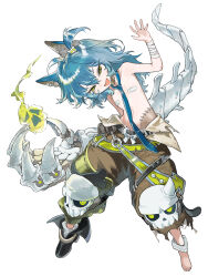 Rule 34 | 1girl, absurdres, ahoge, animal ear fluff, animal ears, arm mounted weapon, bandaged arm, bandages, bandaid, bandaids on nipples, belt, black footwear, blue hair, blue necktie, bone, boots, brown pants, claws, flat chest, full body, green eyes, hair between eyes, hair ornament, half-closed eyes, hand up, head tilt, highres, knee pads, leaning to the side, legs apart, looking at viewer, medium hair, midriff, navel, necktie, o-ring, one side up, open mouth, original, pants, pasties, patchwork skin, seeshin see, simple background, single barefoot, single boot, skull, skull hair ornament, slime (substance), smile, solo, standing, stitches, topless, white background