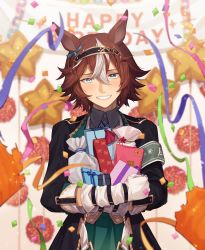 Rule 34 | 1girl, absurdres, animal ears, armband, balloon, bamboo memory (umamusume), black coat, blue eyes, blurry, blurry background, blush, box, brown hair, coat, collared shirt, confetti, gift, gift bag, gift box, glint, gloves, grin, hairband, happy birthday, highres, horse ears, jugemu (qqkyon), long sleeves, looking at viewer, multicolored hair, hugging object, shirt, short sleeves, smile, solo, streaked hair, streamers, umamusume, upper body, white gloves