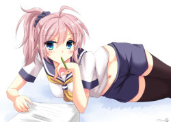 Rule 34 | 10s, 1girl, ahoge, aoba (kancolle), black thighhighs, blue eyes, blush, book, commentary request, holding, holding pencil, kantai collection, kerchief, looking at viewer, messy hair, navel, pencil, pink hair, ponytail, school uniform, scrunchie, serafuku, short sleeves, shorts, simple background, smile, solo, tamagawa yukimaru, thighhighs, white background