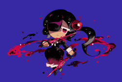 1girl black_dress black_footwear black_hair cherry cherry_cola_cookie cherry_hair_ornament chibi chibi_only closed_mouth commentary_request cookie_run cookie_run:_ovenbreak dress food food-themed_hair_ornament frown fruit hair_ornament hair_over_one_eye highres holding holding_sword holding_weapon liquid_hair melvi0 multiple_swords neck_ribbon official_style one_eye_covered one_side_up purple_background rapier red_eyes ribbon sad short_hair simple_background solo sword weapon white_ribbon