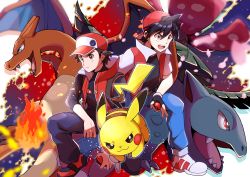 Rule 34 | 2boys, absurdres, baseball cap, black hair, blue pants, charizard, closed mouth, creatures (company), dual persona, fingerless gloves, flame-tipped tail, game freak, gen 1 pokemon, gloves, hat, highres, holding, holding poke ball, making-of available, multiple boys, nintendo, open mouth, pants, pikachu, poke ball, poke ball (basic), pokemon, pokemon (creature), pokemon adventures, pokemon masters ex, pon yui, red (pokemon), red (sygna suit) (pokemon), shoes, teeth, tongue, v-shaped eyebrows, venusaur