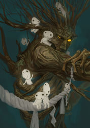Rule 34 | blackwood (shanblackwood), commentary, creature, from side, glowing, glowing eyes, hand on own arm, highres, kodama, looking at viewer, monster, no humans, no pupils, original, rope, sitting, tree, branch, upper body, yellow eyes
