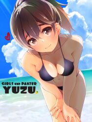 Rule 34 | 1girl, alternate color, alternate costume, arms under breasts, beach, bikini, black bikini, blue sky, blush, breasts, breasts squeezed together, brown eyes, brown hair, character name, day, girls und panzer, hands on own knees, heart, high ponytail, koyama yuzu, large breasts, looking at viewer, navel, official alternate costume, ponytail, shiny skin, simple background, sky, smile, solo, sunlight, swimsuit, tsukemen, water, wide hips