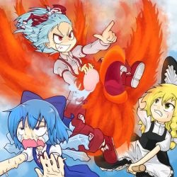 Rule 34 | 3girls, :d, apron, blonde hair, blue dress, blue eyes, blue hair, bow, cirno, crystal, dress, evil grin, evil smile, female focus, fire, fire, fujiwara no mokou, grin, ice, ice wings, kirisame marisa, long sleeves, melting, multiple girls, ofuda, open mouth, outstretched arm, pants, pointing, pointing forward, puffy short sleeves, puffy sleeves, red eyes, shirt, short sleeves, silver hair, smile, suspenders, sweatdrop, tears, teeth, touhou, waist apron, white shirt, wings