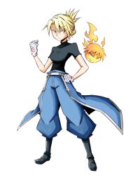 Rule 34 | 1boy, 1girl, absurdres, amestris military uniform, black shirt, blonde hair, blue pants, breasts, brown eyes, crossover, earrings, fire, floating, folded ponytail, full body, fullmetal alchemist, ghost, gloves, hand up, highres, hitodama, jewelry, long hair, looking at viewer, medium breasts, military, military uniform, pants, parted bangs, riza hawkeye, roy mustang, shaman king, shirt, short sleeves, thewolfhart, turtleneck, uniform, white background, white gloves
