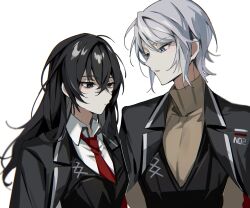 1boy 1girl black_coat black_eyes black_hair black_vest blue_eyes brown_sweater coat coat_on_shoulders faust_(project_moon) genderswap genderswap_(ftm) genderswap_(mtf) highres lapels limbus_company long_hair mu46016419 necktie notched_lapels parted_lips project_moon red_necktie ribbed_sweater short_hair simple_background sweater upper_body very_long_hair vest white_background white_hair yi_sang_(project_moon)