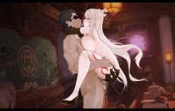 1boy 1girl black_hair breasts eyepatch from_side genshin_impact hair_bun hetero highres indoors kiss large_breasts long_hair ningguang_(genshin_impact) sawaki_ken sex short_hair suspended_congress tongue tongue_out topless white_hair