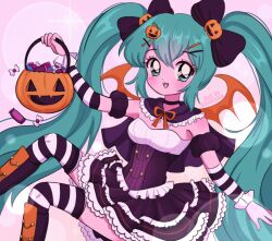 Rule 34 | 1girl, :d, aqua eyes, aqua hair, artist name, bare shoulders, bat wings, black bow, black capelet, black choker, black collar, black corset, black dress, black scrunchie, blush, bow, bowtie, breasts, candy, capelet, chellyko, choker, collar, corset, detached collar, detached sleeves, dot nose, double-parted bangs, dress, floating, food, food-themed hair ornament, frilled dress, frills, hair bow, hair ornament, halloween, halloween bucket, halloween costume, hatsune miku, highres, holding, holding food, holding pumpkin, holding vegetable, jack-o&#039;-lantern, jack-o&#039;-lantern hair ornament, layered dress, long hair, medium bangs, medium breasts, midair, necktie, open mouth, orange bow, orange bowtie, orange wings, pink background, pumpkin, pumpkin hair ornament, scrunchie, short dress, sitting, sleeveless, sleeveless dress, smile, solo, sparkle, striped clothes, striped thighhighs, teeth, thighhighs, tongue, twintails, upper teeth only, vegetable, very long hair, vocaloid, wings