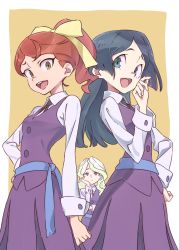 Rule 34 | 10s, 3girls, ahoge, barbara parker, black hair, blonde hair, blouse, blue eyes, blush, brown hair, collared shirt, diana cavendish, hannah england, highres, little witch academia, long hair, looking at viewer, multiple girls, open mouth, ponytail, school uniform, shirt, simple background, smile, tama (tama-s), white shirt, witch