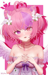 Rule 34 | 1girl, ahoge, bare shoulders, bow, breasts, collarbone, cone hair bun, dress, feathered wings, flower, hair bun, head wings, heart, heart ahoge, heterochromia, highres, ironmouse, ironmouse (fallen angel), likuo, multicolored hair, neck ribbon, parted lips, pink eyes, pink hair, pink nails, pink ribbon, purple bow, purple eyes, purple hair, ribbon, short hair, solo, strapless, strapless dress, twitter username, two-tone hair, virtual youtuber, vshojo, white flower, white wings, wings