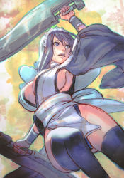 Rule 34 | 1girl, black hair, black thighhighs, blue eyes, breasts, cleavage, dual wielding, female focus, fighting stance, holding, iroha (samurai spirits), japanese clothes, large breasts, lips, maid, maid headdress, open mouth, rejean dubois, reverse grip, samurai spirits, sash, sideboob, snk, solo, sword, thighhighs, weapon, wide sleeves, wrist cuffs