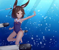 Rule 34 | 1girl, absurdres, air bubble, animal ear fluff, animal ears, armpits, azur lane, bare arms, bare legs, bare shoulders, barefoot, blue one-piece swimsuit, breasts, brown eyes, brown hair, bubble, rabbit ears, cameltoe, commentary request, covered navel, dark skin, dark-skinned female, forehead, highres, i-26 (azur lane), looking away, looking to the side, one-piece swimsuit, outstretched arm, parted lips, roido (taniko-t-1218), sailor collar, small breasts, solo, swimsuit, torpedo, underwater, v-shaped eyebrows, water, white sailor collar