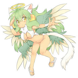 Rule 34 | 1girl, animal ear fluff, animal ears, blush, breasts, green hair, halo, long hair, medium breasts, mofuaki, original, simple background, solo, tail, very long hair, white background, wings