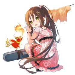 Rule 34 | 1girl, arm grab, bird, breath weapon, breathing fire, brown hair, dress, fire, full body, green eyes, hair ornament, hairclip, long hair, looking at viewer, looking back, official art, open mouth, solo, squatting, striped clothes, striped dress, suzaku (uchi no hime-sama), transparent background, vertical-striped clothes, vertical-striped dress, watch, wet, wristwatch