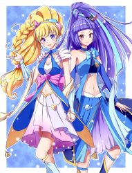 Rule 34 | 2girls, asahina mirai, blonde hair, blue background, bracelet, braid, choker, cure magical, cure magical (sapphire style), cure miracle, cure miracle (sapphire style), hat, heart, holding hands, izayoi liko, jewelry, long hair, looking at viewer, magical girl, mahou girls precure!, midriff, mini hat, mini witch hat, multiple girls, navel, ponytail, precure, purple eyes, purple hair, red eyes, sapphire style, smile, star (symbol), wide ponytail, witch hat, yukiya (shiya)