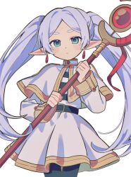 Rule 34 | 1girl, belt, black belt, commentary, dangle earrings, earrings, elf, frieren, gem, green eyes, highres, holding, holding staff, jewelry, looking at viewer, pointy ears, red gemstone, robe, sousou no frieren, staff, twintails, umipi, white hair, white robe